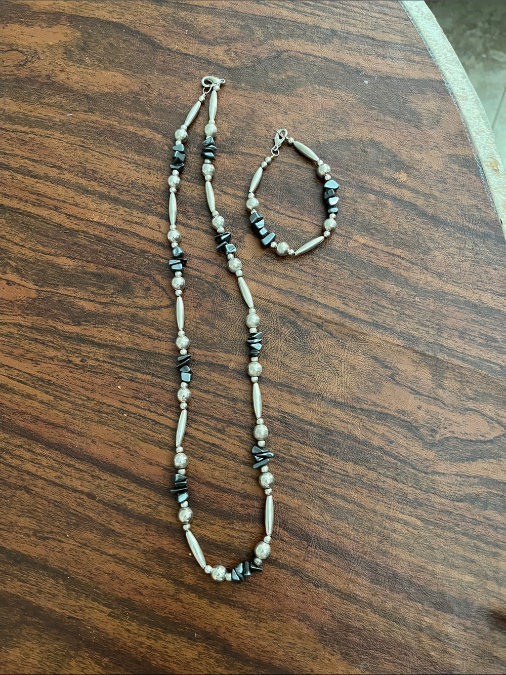 Silver Necklace and Bracelet Set with Hematite Bead Accents